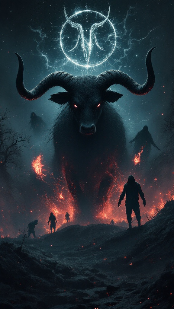 A dramatic depiction of a bull with a dark background, emphasizing themes of inner struggles and the dark zodiac.