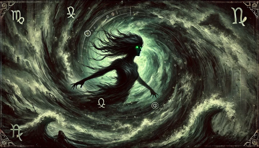 "A minimalistic and artistic representation of Virgo in the Dark Zodiac. The image features a small swirling vortex with hints of a shadowy feminine figure emerging, glowing green eyes visible within a circular background of green and black hues. Subtle Mercury symbols and earth motifs are integrated, emphasizing Virgo’s analytical nature and connection to control and chaos. The aesthetic is clean, dynamic, and mysterious, reflecting the archetype of 'The Maelstrom.'"