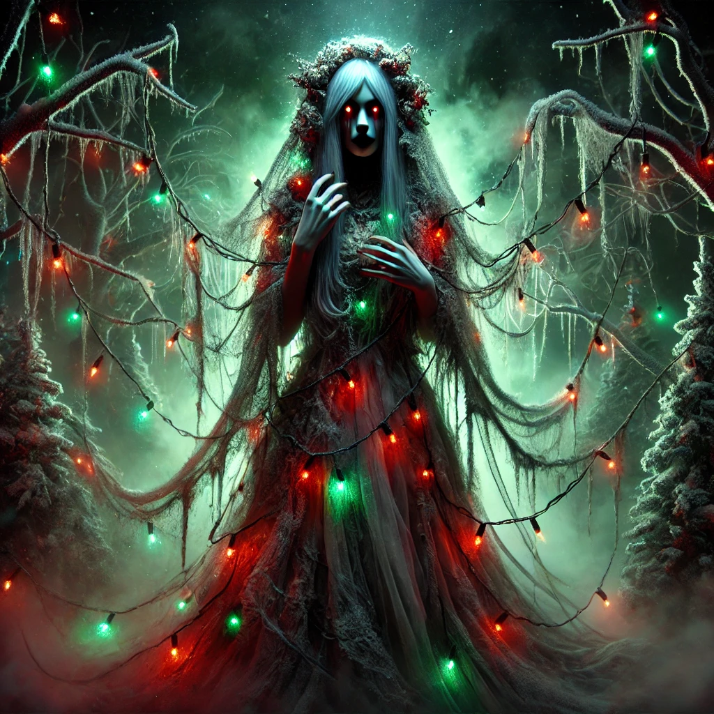 Virgo – The Twisted Maiden from the Creepy Christmas Horrorscopes. It features a spectral maiden with hollow eyes and flowing, frost-like robes, her hands tangled in a chaotic web of glowing Christmas lights that twist around her like enchanted vines. She stands in a foggy, snowy forest surrounded by frost-covered trees, illuminated by an eerie red and green glow.