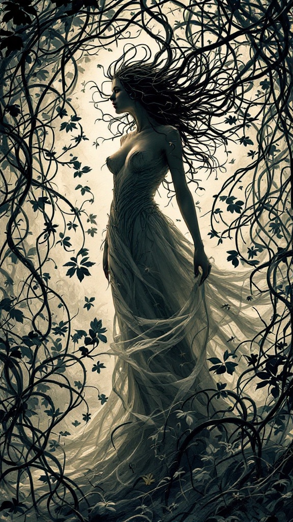 A mystical figure surrounded by vines, representing the complexities of perfection and nature.