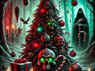 a haunted, gothic Christmas tree with eerie ornaments, cursed gifts, and a shadowy figure lurking in the background. The eerie glow of red and green light enhances the spooky yet festive vibe.