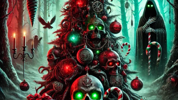 a haunted, gothic Christmas tree with eerie ornaments, cursed gifts, and a shadowy figure lurking in the background. The eerie glow of red and green light enhances the spooky yet festive vibe.