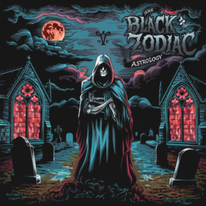 Stylized black zodiac circle with 13 dark symbols drawn in chalk or ash around a glowing ritual center.
