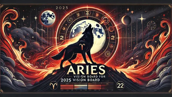 2025 vision board for aries featuring werewolf howling at the full moon