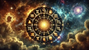 Dark Zodiac featuring zodiac symbols surrounded by mystical and shadowy cosmic elements, representing the hidden, powerful forces that shape each zodiac sign's darker side.