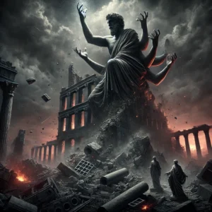 What Is Your Deepest Fear According To Your Dark Zodiac Sign? - A towering figure stands amidst the ruins of a collapsing empire, desperately trying to hold together crumbling stone. Statues of past achievements shatter, scorched blueprints scatter in the wind, and an ominous storm looms overhead, casting an eerie glow over the wreckage.