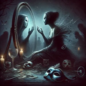 What Is Your Deepest Fear According To Your Dark Zodiac Sign? - A once-radiant figure sits alone in an endless void, their fading reflection in a cracked mirror. Fragments of past social connections—broken masks, torn letters, empty glasses—float around them as shadowy silhouettes turn away, whispering but never looking back.