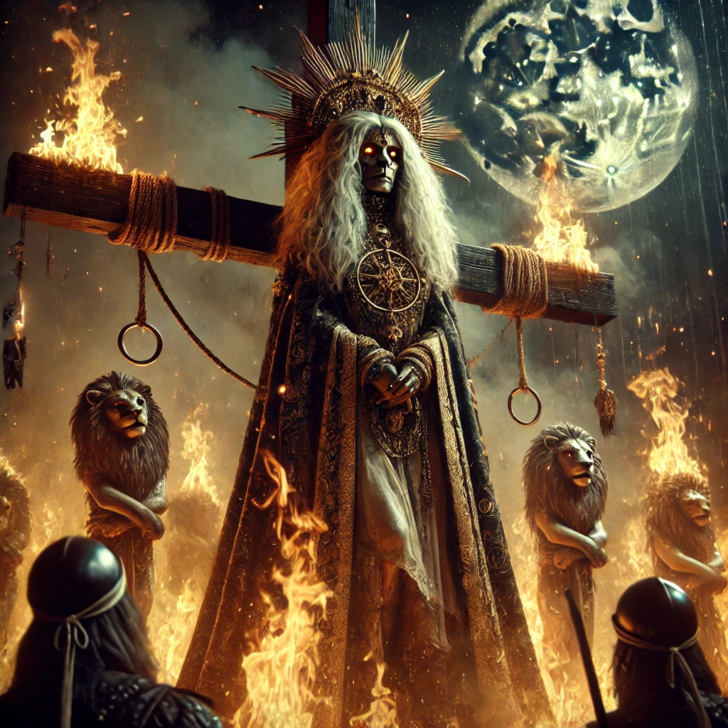 A powerful sorcerer or enchantress, bound to a burning stake, stands defiant as flames rise around them. Their regal yet tattered robes billow in the heat, golden adornments glinting in the firelight. The crowd watches with a mix of awe and fear, their faces illuminated by the growing inferno. Smoke curls into the dark sky, where the Leo constellation glows faintly, a celestial reminder of a spirit too fierce to be forgotten. The atmosphere is both tragic and triumphant—this is not just an execution, but the destruction of a legend. This is Your Past Life Death