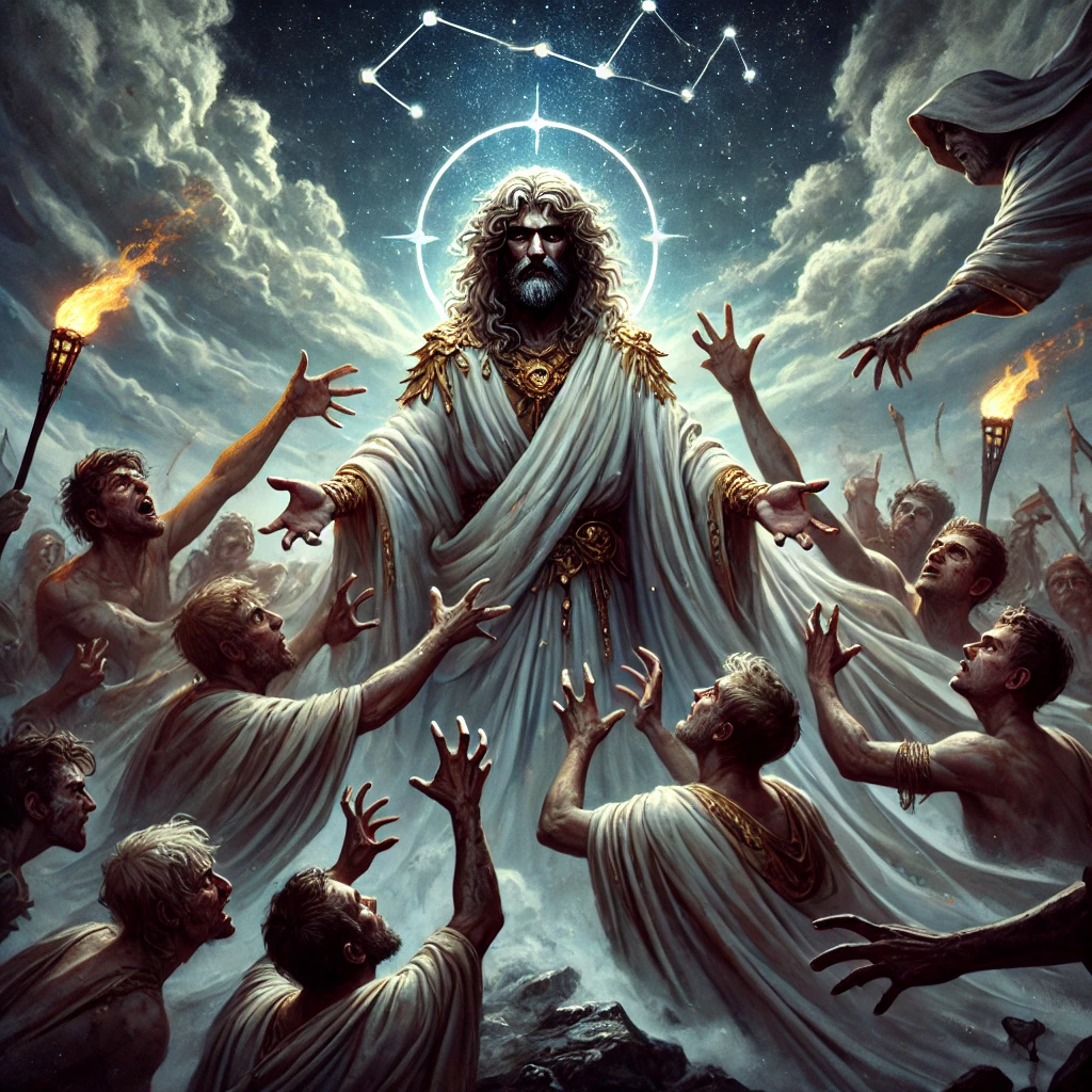 A noble leader or prophet, draped in celestial robes, stands surrounded by an enraged crowd. Their expression is filled with heartbreak and disbelief as the very people they swore to protect turn against them. Hands reach out, tearing at their garments, weapons raised, torches burning in the night. Above, storm clouds swirl as the Aquarius constellation glows faintly, a silent witness to their tragic fate. The atmosphere is heavy with betrayal, sorrow, and the weight of a sacrifice made in vain.