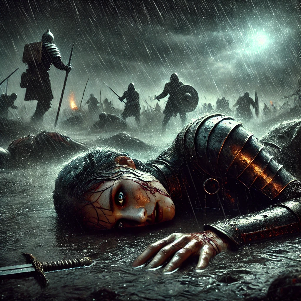 A fearless female warrior, clad in battle-worn armor, lies sinking into the rain-soaked mud of a chaotic battlefield. Her sword is just out of reach, her wide eyes filled with both defiance and the creeping realization of fate. The storm rages above, heavy raindrops mixing with blood and dirt. Distant soldiers continue fighting, unaware of her struggle. Above, the Cancer constellation glows faintly through the stormy sky, casting a sombre light over the tragic scene of a warrior lost to the weight of war. This is Your Past Life Death