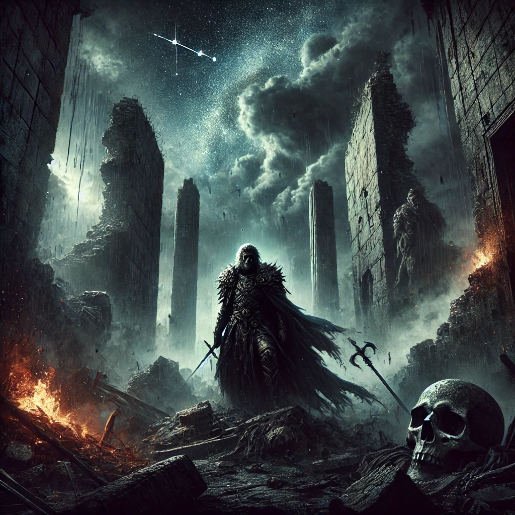 A mighty ruler, clad in regal yet battle-worn attire, stands amidst the ruins of their once-great empire. Towering stone walls crumble around them, fiery embers raining from the sky as the echoes of destruction fill the air. Their face is grim—defiant yet accepting—as the weight of their own ambition collapses upon them. In the smoke-filled sky above, the Capricorn constellation glows faintly, a silent reminder of power lost and the inevitable fall of even the greatest legacies.