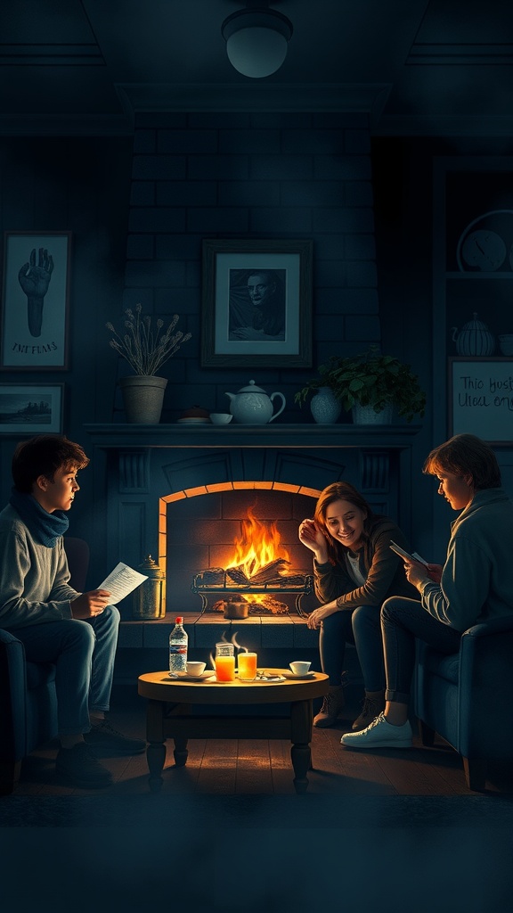 A cozy gathering of friends around a fireplace, sharing ghost stories on Valentine's Day.