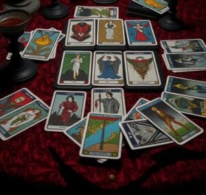 A dimly lit table with tarot cards spread out, surrounded by candles. Another spooky 2025 forecast