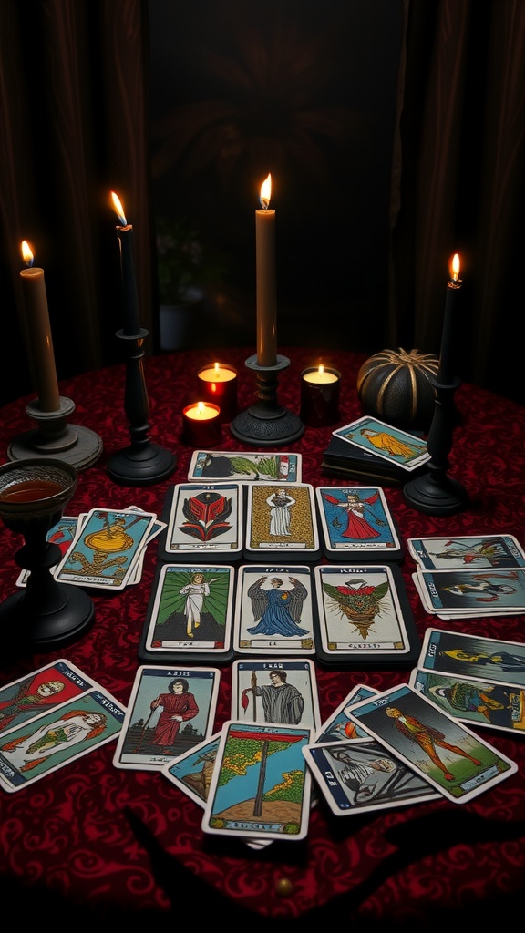 A dimly lit table with tarot cards spread out, surrounded by candles. Another spooky gothic idea for Valentine's Day