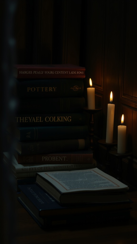 A dimly lit reading nook with candles and stacks of books, creating an intimate atmosphere for poetry reading.