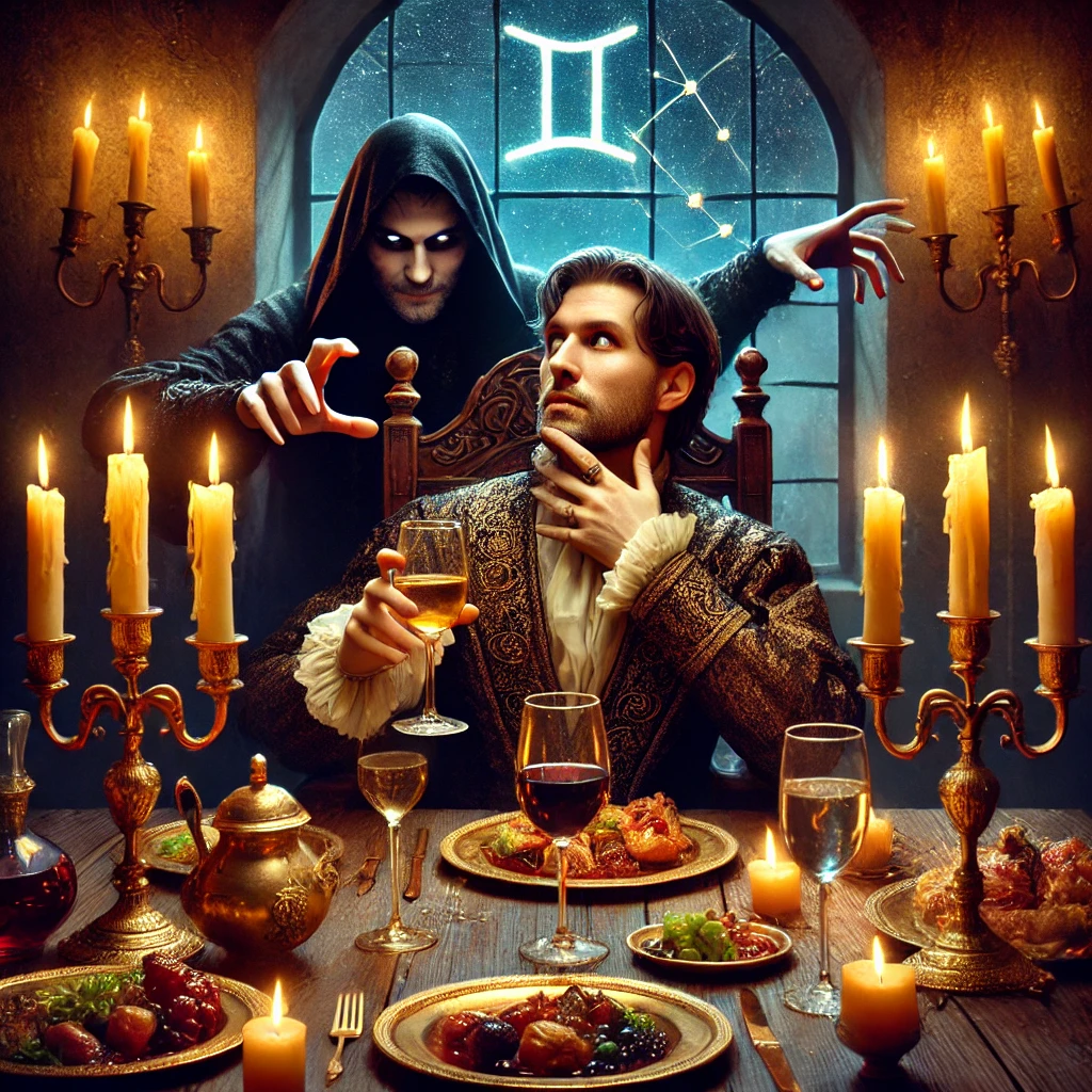 A cunning noble or spy, dressed in luxurious yet subtly sinister attire, sits at a grand candlelit feast. Their hand is frozen mid-air, eyes widening in shock as the bitter taste of poison floods their mouth. Across the table, a shadowy figure smirks knowingly, their face obscured by flickering candlelight. The golden goblets and lavish banquet contrast with the cold realization of betrayal. Above, the Gemini constellation glows faintly through an open window, symbolizing the duality of deception and fate. This is Your Past Life Death