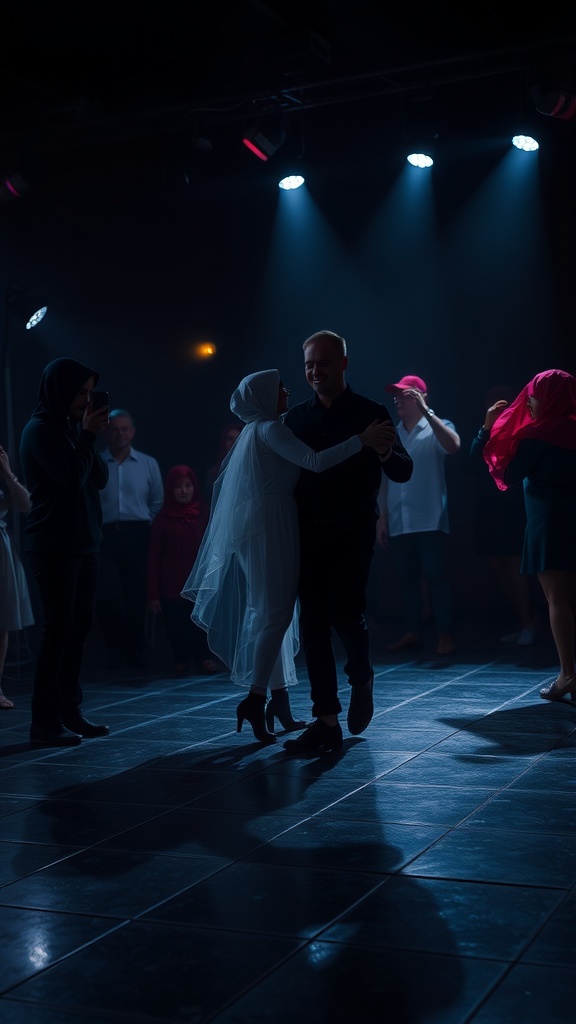 A couple dancing at a ghostly themed party, surrounded by guests in dark attire.