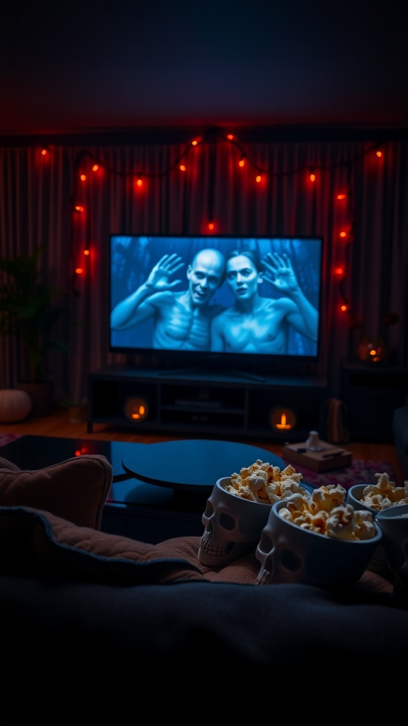 A cozy living room set up for a movie marathon with red lights, a television displaying a haunting scene, and popcorn in skull-shaped bowls. All for a creepy Valentine's Day evening in