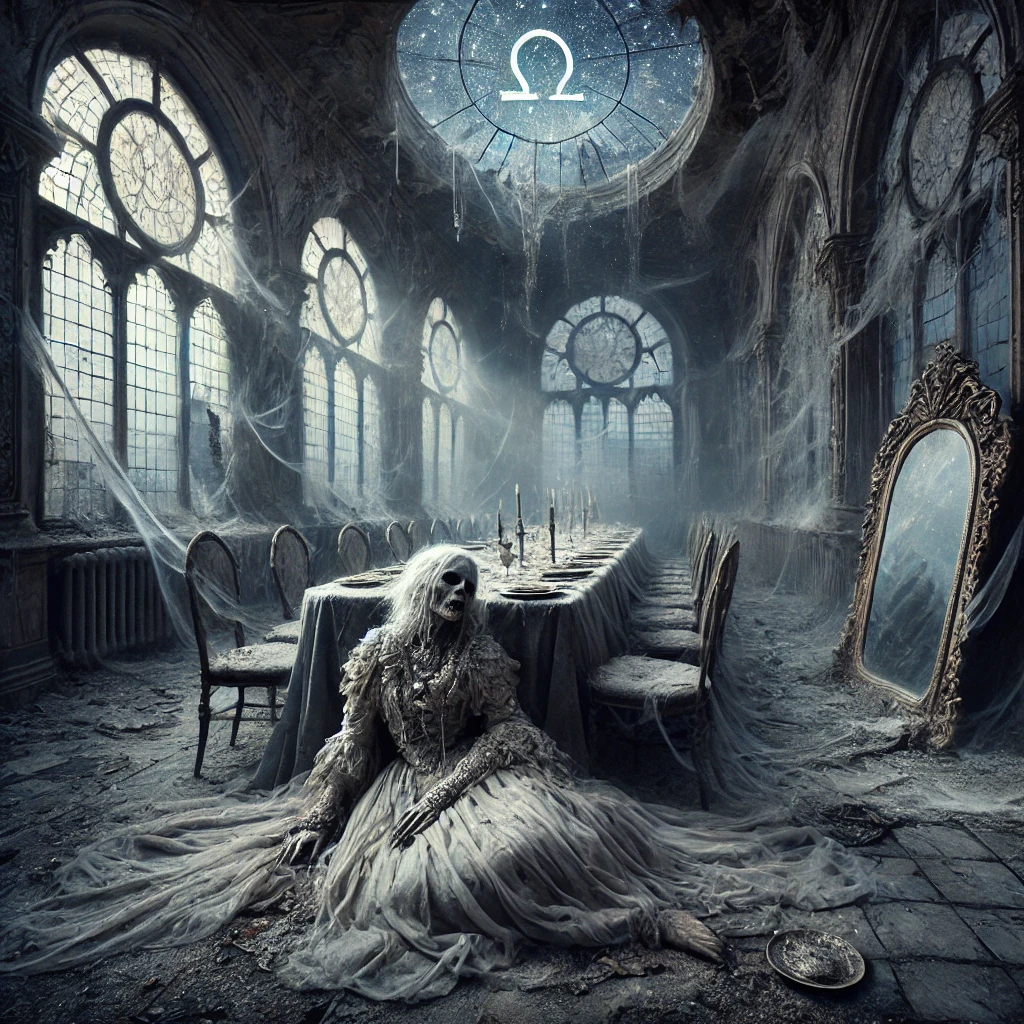 A once-opulent noble, now gaunt and ghostly, sits alone in a grand but decayed ballroom. Their elaborate clothing is tattered, their once-glittering jewelry dulled with dust. The long, empty banquet table before them is covered in cobwebs, the remnants of a forgotten feast. A broken mirror reflects their hollow, desperate gaze. Moonlight seeps through cracked stained-glass windows, casting eerie patterns across the crumbling walls. Above, the Libra constellation glows faintly, a silent witness to their tragic isolation. This is Your Past Life Death