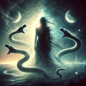 figure with a glowing serpent wrapped around their arm under a cosmic sky.