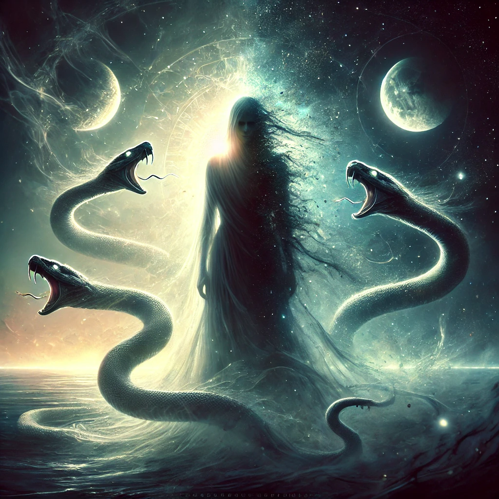 A mysterious figure, half-shrouded in darkness, stands at the threshold of two realms—one glowing with celestial light, the other an endless abyss. Their form flickers between worlds, as if being pulled apart by unseen forces. Ethereal serpents coil around them, their glowing eyes whispering forbidden secrets. The Ophiuchus constellation glows faintly in the cosmic void above, a silent witness to a soul lost between realities. The atmosphere is surreal, eerie, and filled with the weight of an existence unravelling.