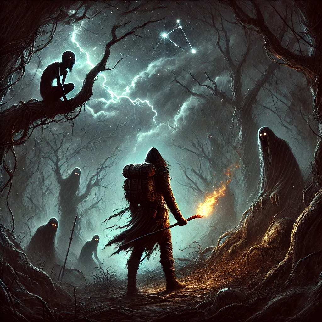 A lone adventurer, clad in weathered traveling gear, stands deep within a dark, ancient forest. Their torch flickers weakly as glowing eyes peer from the twisted shadows between the trees. Above, storm clouds churn violently, jagged lightning illuminating the eerie wilderness. The wind howls, carrying whispers from unseen forces. In the sky, the Sagittarius constellation glows faintly, lost in the chaos. The atmosphere is wild, untamed, and filled with an overwhelming sense of being hunted, swallowed by the unknown.