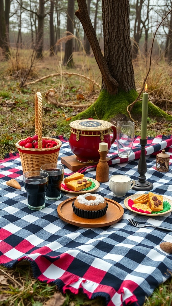 A dark-themed picnic setup in a forest, featuring a checkered blanket, a basket of raspberries, dark drinks, cakes, and a flickering candle.