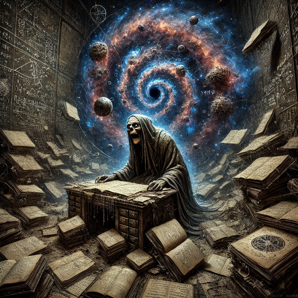 A tormented scholar, draped in ancient robes, sits hunched over a massive desk, surrounded by scattered manuscripts filled with glowing, incomprehensible symbols. Their wide, haunted eyes stare into the abyss as the walls around them seem to distort and shift. Strange eldritch symbols float in the air, bending reality as ink spills like a black void. Above, the Virgo constellation glows faintly, barely visible through the swirling chaos. The atmosphere is eerie and suffocating—madness has taken hold, and there is no escape. This is Your Past Life Death