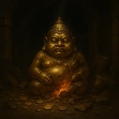 2025 Retrogrades Black Zodiac Traits - A golden idol smoldering in a dimly lit Parisian vault, surrounded by scattered coins and broken artifacts.