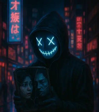 A masked figure in neon-lit Tokyo, holding a cracked mirror reflecting two faces. 2025 Retrogrades Black Zodiac Traits