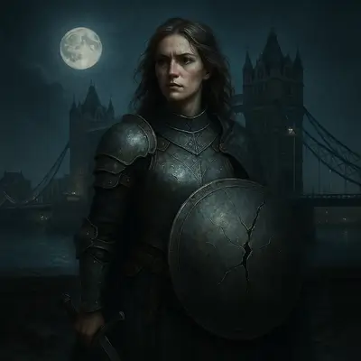 2025 Retrogrades Black Zodiac Traits - A warrior maiden in armour, standing before a moonlit London bridge, her shield cracked.