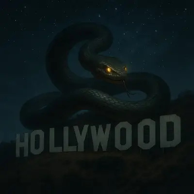 leo's 2025 Retrogrades Black Zodiac Traits - A coiled basilisk with glowing eyes, slithering across a starlit Hollywood sign.