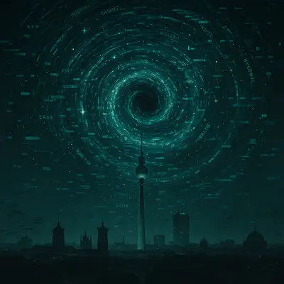 Virgo's 2025 Retrogrades Black Zodiac Traits - A swirling vortex of code and stars over Berlin’s skyline, flickering with glitches.