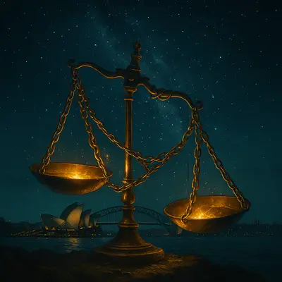 Libra's 2025 Retrogrades Black Zodiac Traits - A tilted scale glowing under Sydney’s starry harbor, its chains tangled.