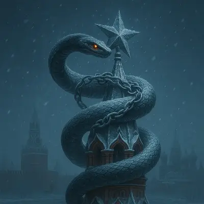scorpio's 2025 Retrogrades Black Zodiac Traits- A sleek serpent coiling around a frost-covered Kremlin spire, eyes glinting.