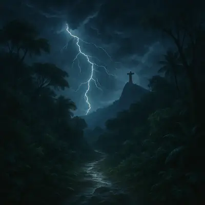 A stormy sky over Rio’s rainforest, lightning illuminating a wild, untamed path.