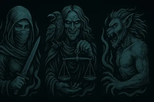 Zodiac Elements - A ghostly, pale-blue triptych of the Air signs in the Black Zodiac style: Gemini as a veiled assassin gripping a blade, Libra as a grinning, raven-bearing figure holding scales, and Aquarius as a snarling, wolf-like beast, all surrounded by curling smoke on a black background.