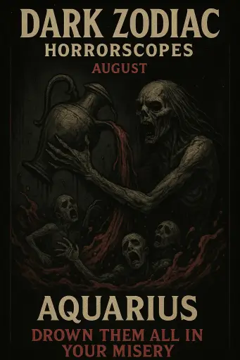 Skeletal creature pouring red liquid from an urn over ghostly heads for Aquarius, with the line “Drown them all in your misery.”