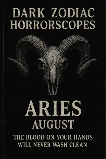 Gothic poster for Horroscopes for August - Aries featuring a ram skull and the phrase “The blood on your hands will never wash clean