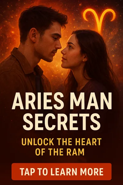 Zodiac Man Secrets - Romantic couple gazing at each other with Aries zodiac symbol glowing in the background, representing the passionate energy of an Aries man in love.