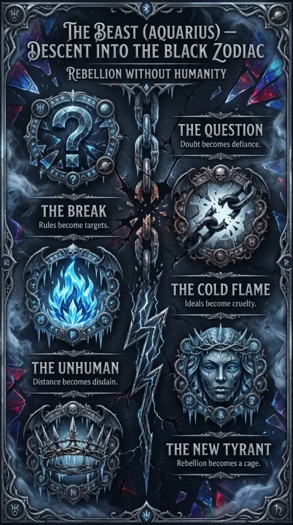 Dark gothic 9:16 infographic titled ‘The Beast (Aquarius) — Descent into the Black Zodiac’ with subtitle ‘Rebellion Without Humanity,’ showing five stages from The Question to The New Tyrant on a shattered chain-to-lightning timeline; footer ‘AQUARIUS: THE BEAST’S IRON‑WILL PATH TO THE BLACK ZODIAC.’