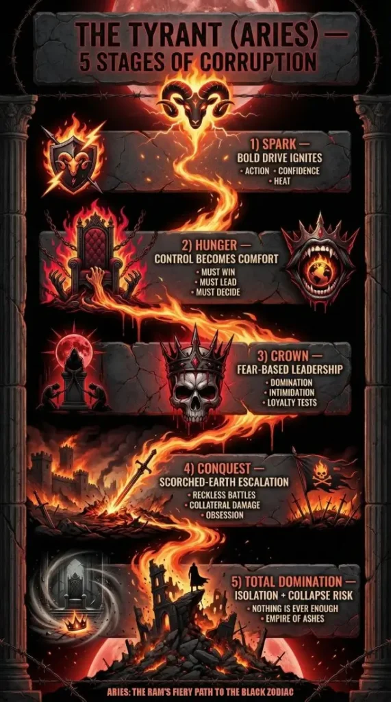 Infographic timeline showing Aries The Tyrant’s 5 stages of corruption along the Ram’s fiery path to the Black Zodiac: Spark, Hunger, Crown, Conquest, Total Domination.
