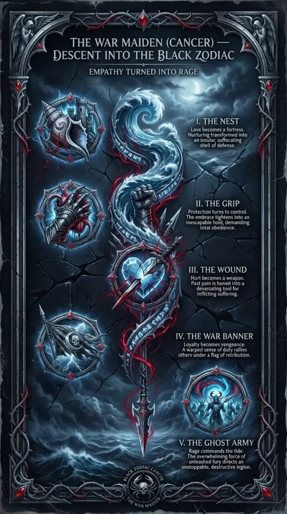 Dark gothic 9:16 infographic titled ‘The War Maiden (Cancer) — Descent into the Black Zodiac’ with subtitle ‘Empathy Turned Into Rage,’ showing a tide‑shaped vertical timeline turning into a spear with five stages: The Nest, The Grip, The Wound, The War Banner, and The Ghost Army; silver‑black palette with storm mist and moon accents; footer reads ‘CANCER: THE WAR MAIDEN’S TIDE‑FORGED PATH TO THE BLACK ZODIAC.