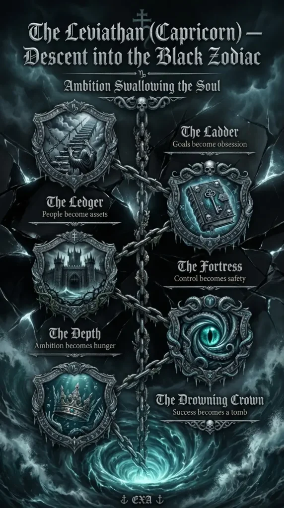 Dark gothic 9:16 infographic titled ‘The Leviathan (Capricorn) — Descent into the Black Zodiac’ with subtitle ‘Ambition Swallowing the Soul,’ showing five stages from The Ladder to The Drowning Crown on an anchor‑chain timeline descending into an abyss, footer ‘CAPRICORN: THE LEVIATHAN’S IRON‑WILL PATH TO THE BLACK ZODIAC.’