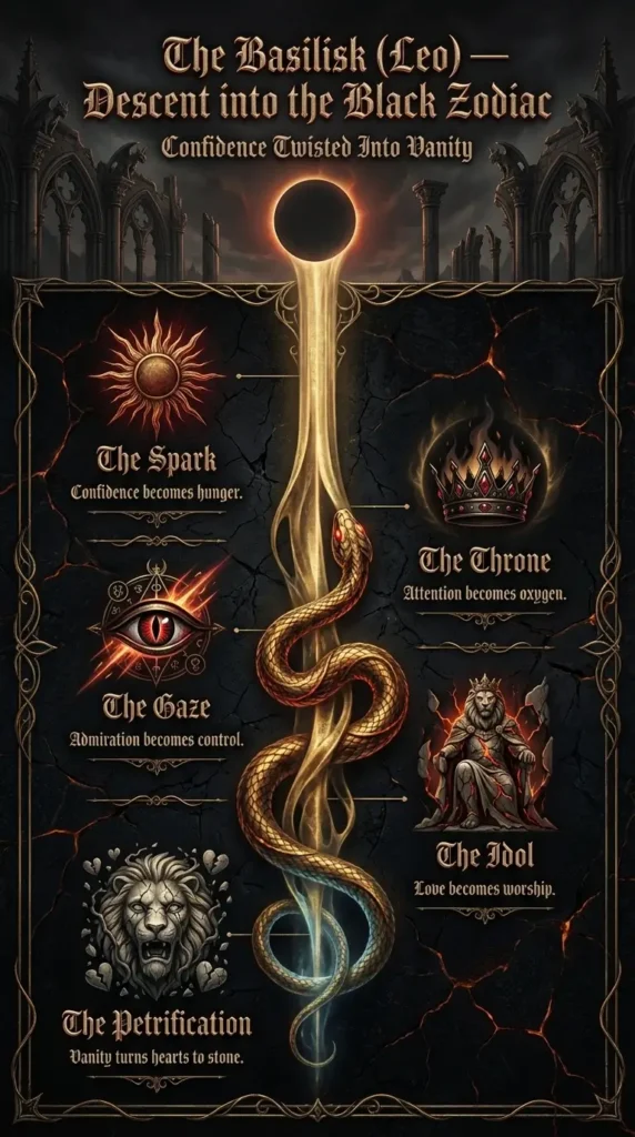 Dark gothic 9:16 infographic titled ‘The Basilisk (Leo) — Descent into the Black Zodiac’ with subtitle ‘Confidence Twisted Into Vanity,’ showing a golden spotlight timeline that turns into a serpent with five stages: The Spark, The Throne, The Gaze, The Idol, and The Petrification; obsidian-and-tarnished-gold palette with ember-red accents; footer reads ‘LEO: THE BASILISK’S GOLDEN PATH TO THE BLACK ZODIAC.