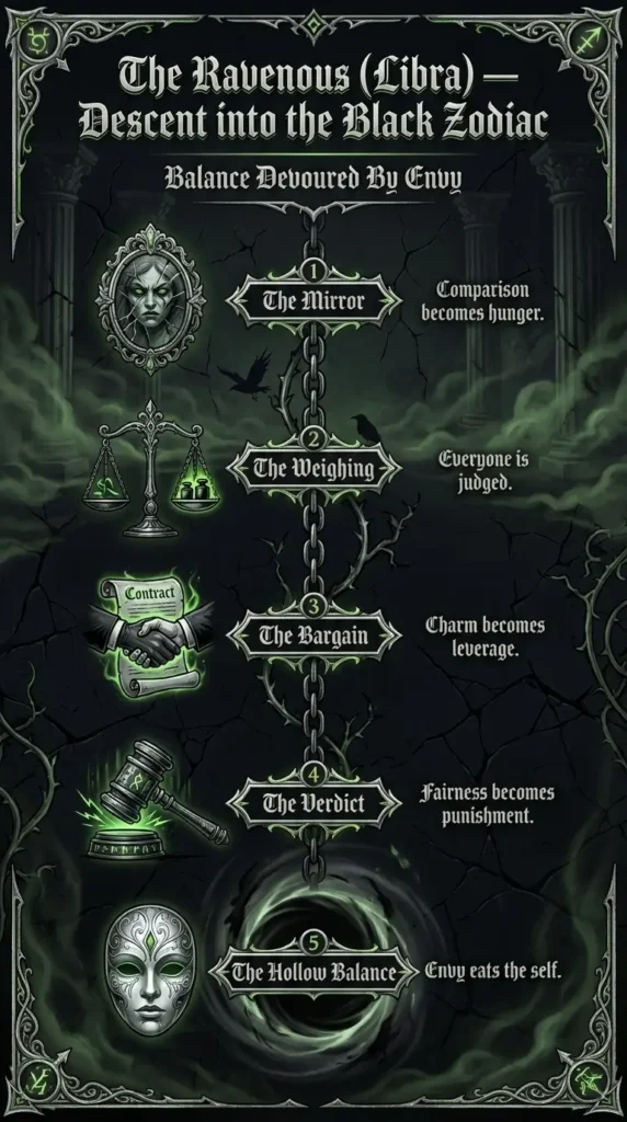 Dark gothic 9:16 infographic titled ‘The Ravenous (Libra) - Descent into the Black Zodiac’ with subtitle ‘Balance Devoured By Envy,’ showing a hanging chain‑and‑scales timeline that fades into an abstract hollow void, with five stages: The Mirror, The Weighing, The Bargain, The Verdict, and The Hollow Balance; obsidian, silver, bone-white palette with green envy accents; footer reads ‘LIBRA: THE RAVENOUS’ HOLLOW PATH TO THE BLACK ZODIAC.