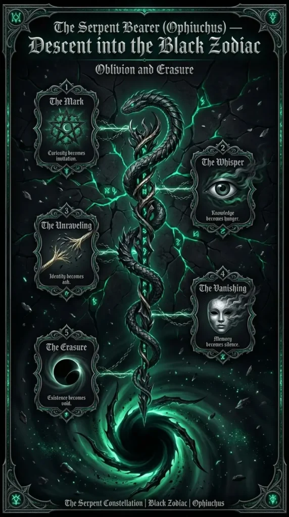 9:16 gothic infographic titled “The Serpent Bearer (Ophiuchus) — Descent into the Black Zodiac” with the tagline “Oblivion and Erasure,” showing five stages: The Mark, The Whisper, The Unravelling, The Vanishing, The Erasure.