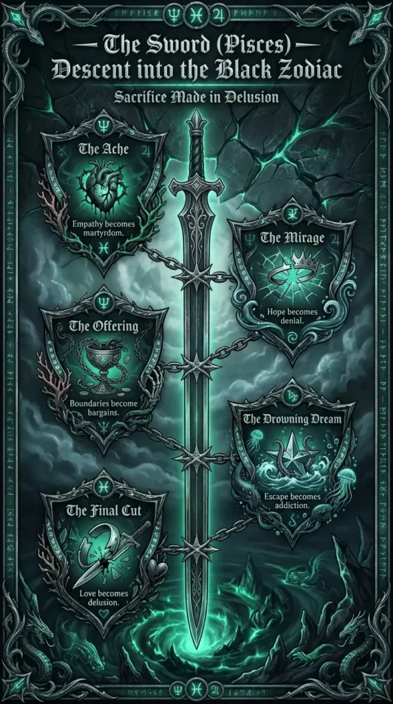 Dark gothic 9:16 infographic titled ‘The Sword (Pisces) — Descent into the Black Zodiac’ with subtitle ‘Sacrifice Made in Delusion,’ showing five stages from The Ache to The Final Cut on a double‑edged blade timeline descending into dark water; footer ‘PISCES: THE SWORD’S IRON‑WILL PATH TO THE BLACK ZODIAC.’