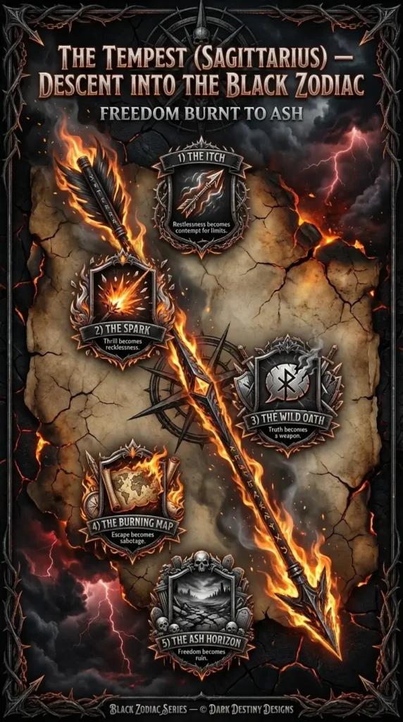 Dark gothic 9:16 infographic titled ‘The Tempest (Sagittarius) — Descent into the Black Zodiac’ with subtitle ‘Freedom Burnt to Ash,’ showing five stages from The Itch to The Ash Horizon with ember-and-storm motifs and an ash-trail footer