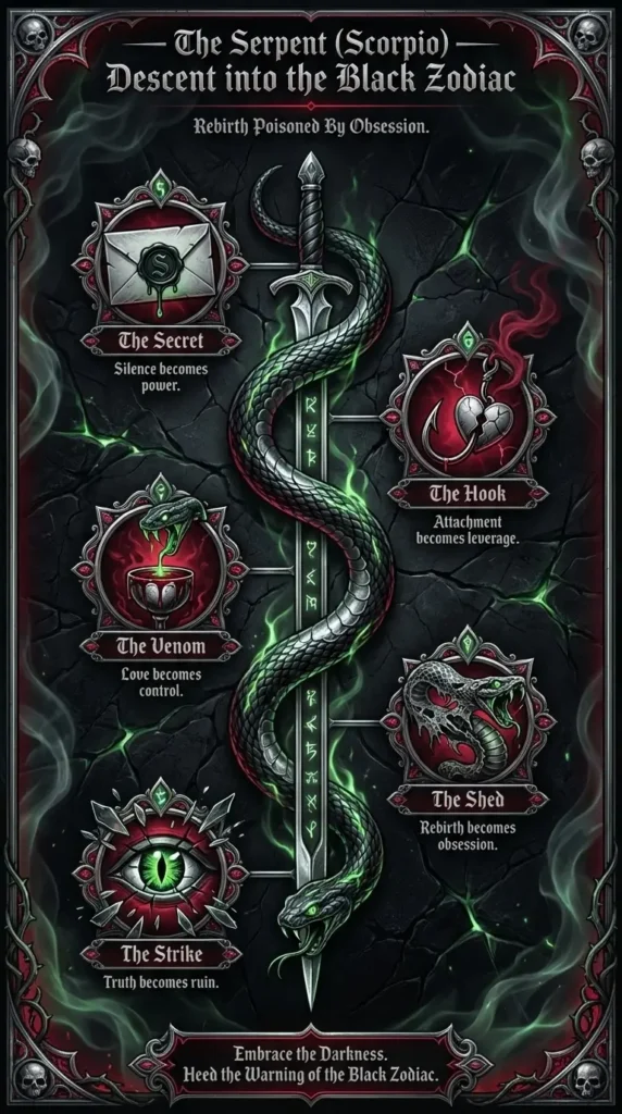 Dark gothic 9:16 infographic titled ‘The Serpent (Scorpio) - Descent into the Black Zodiac’ with subtitle ‘Rebirth Poisoned By Obsession,’ showing a five‑stage vertical descent timeline with occult, venom, and secrecy motifs.